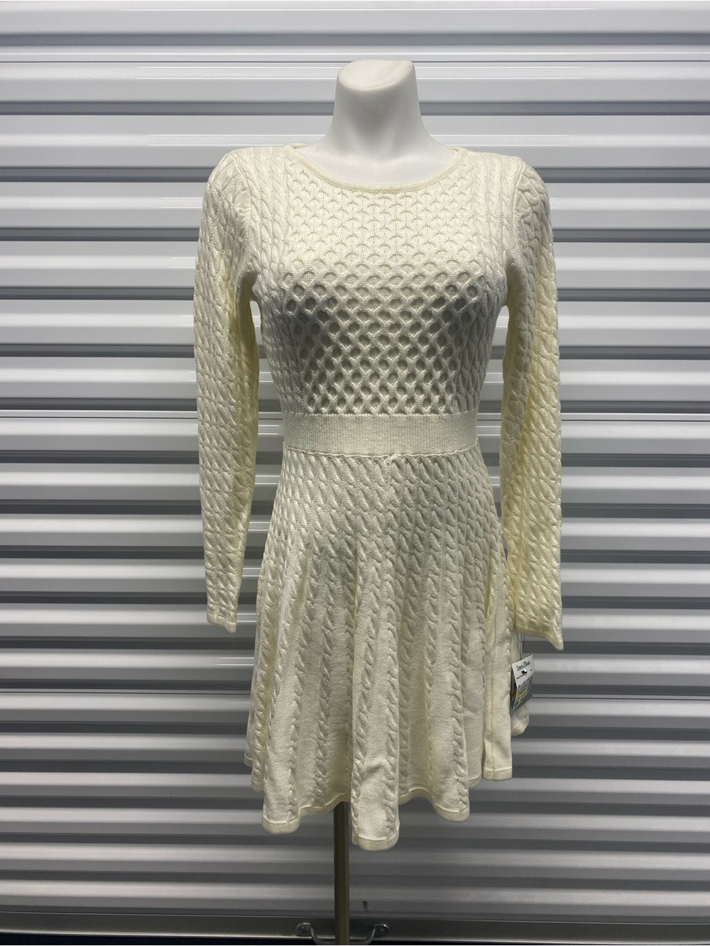Textured Cream Long-Sleeve Knit Fit-and-Flare Dress